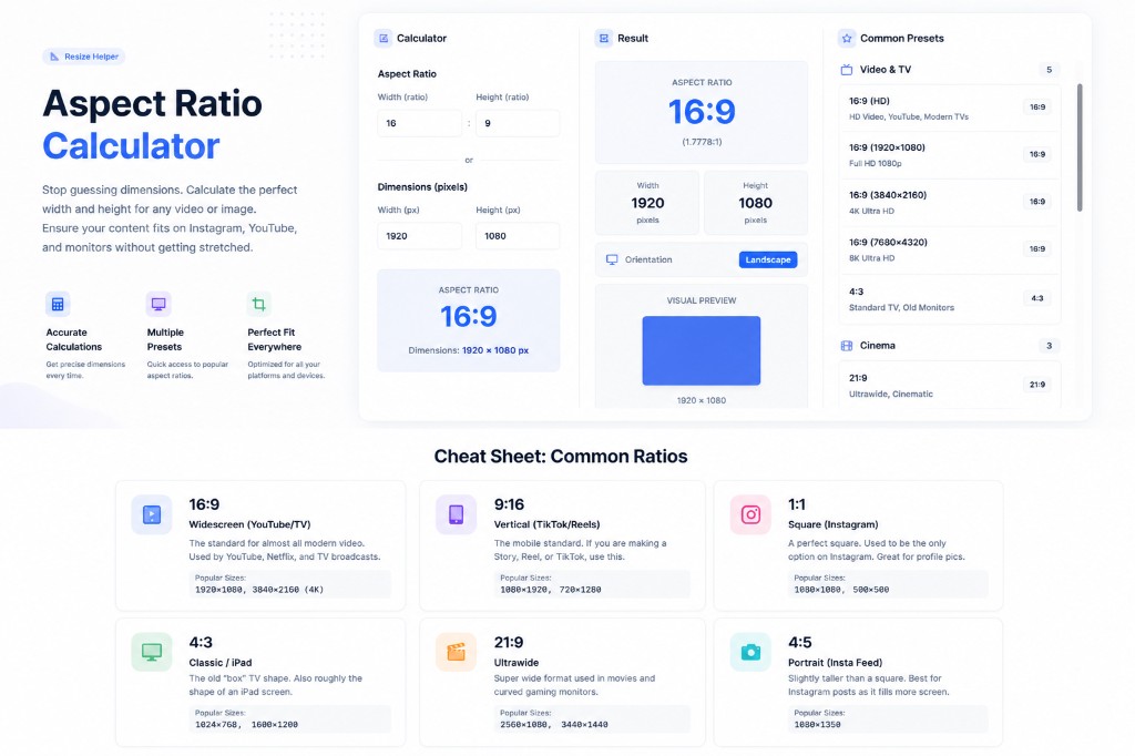 Aspect Ratio Calculator — 16:9 YouTube, 9:16 Instagram TikTok, presets and pixel dimensions
