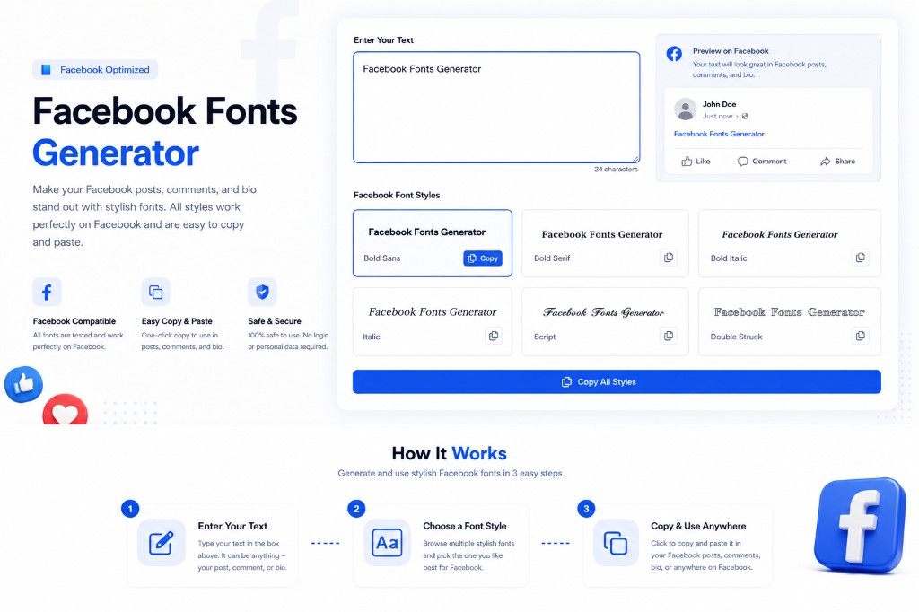 Facebook Fonts Generator — enter text, browse stylish font styles, and preview on a Facebook post mockup