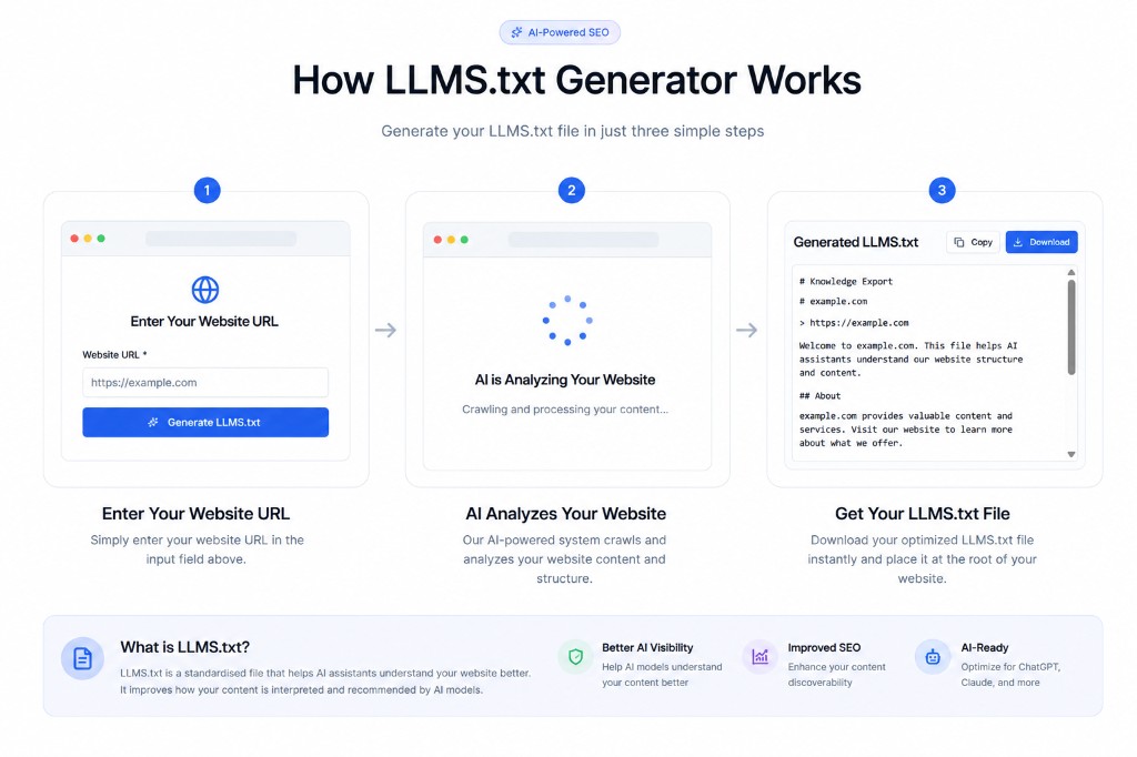 LLMS.txt Generator interface showing three steps: entering a website URL, AI analyzing the site, and downloading the generated llms.txt file