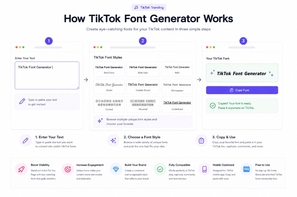 TikTok Font Generator — How to enter text, pick a font style, and copy for TikTok bio and captions
