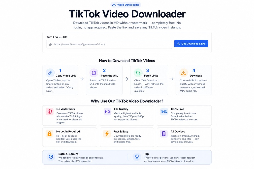TikTok Video Downloader — Copy link, paste URL, get download links, save HD MP4 without watermark